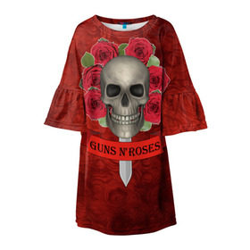 Детское платье 3D с принтом Gans N Roses в Новосибирске, 100% полиэстер | прямой силуэт, чуть расширенный к низу. Круглая горловина, на рукавах — воланы | gans n roses | группа | исполнители | меч | музыка | песни | розы | рок группа | череп