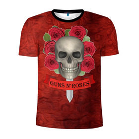 Мужская футболка 3D спортивная с принтом Gans N Roses в Новосибирске, 100% полиэстер с улучшенными характеристиками | приталенный силуэт, круглая горловина, широкие плечи, сужается к линии бедра | gans n roses | группа | исполнители | меч | музыка | песни | розы | рок группа | череп