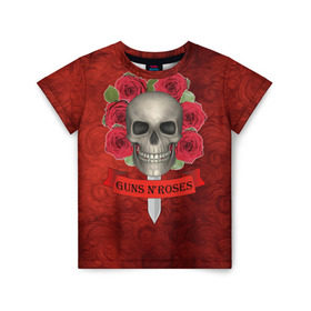 Детская футболка 3D с принтом Gans N Roses в Новосибирске, 100% гипоаллергенный полиэфир | прямой крой, круглый вырез горловины, длина до линии бедер, чуть спущенное плечо, ткань немного тянется | gans n roses | группа | исполнители | меч | музыка | песни | розы | рок группа | череп