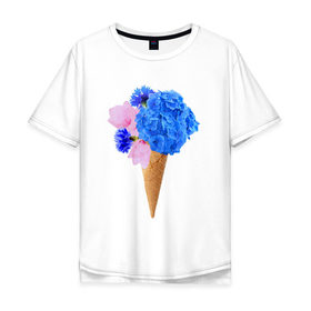 Мужская футболка хлопок Oversize с принтом Мороженое букет в Новосибирске, 100% хлопок | свободный крой, круглый ворот, “спинка” длиннее передней части | Тематика изображения на принте: flowers | василек | вафля | гортензия | магнолия | рожок | розовый | синий | цветы