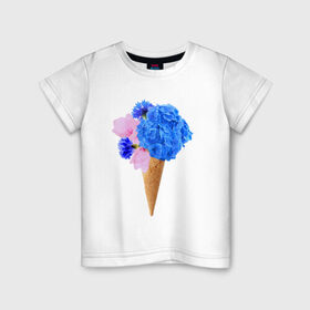 Детская футболка хлопок с принтом Мороженое букет в Новосибирске, 100% хлопок | круглый вырез горловины, полуприлегающий силуэт, длина до линии бедер | flowers | василек | вафля | гортензия | магнолия | рожок | розовый | синий | цветы