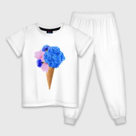 Детская пижама хлопок с принтом Мороженое букет в Новосибирске, 100% хлопок |  брюки и футболка прямого кроя, без карманов, на брюках мягкая резинка на поясе и по низу штанин
 | flowers | василек | вафля | гортензия | магнолия | рожок | розовый | синий | цветы