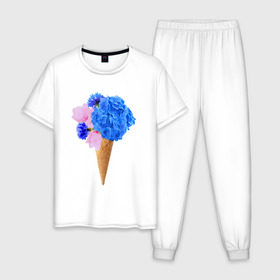 Мужская пижама хлопок с принтом Мороженое букет в Новосибирске, 100% хлопок | брюки и футболка прямого кроя, без карманов, на брюках мягкая резинка на поясе и по низу штанин
 | flowers | василек | вафля | гортензия | магнолия | рожок | розовый | синий | цветы