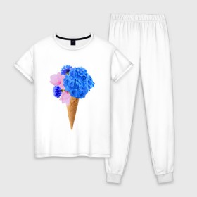 Женская пижама хлопок с принтом Мороженое букет в Новосибирске, 100% хлопок | брюки и футболка прямого кроя, без карманов, на брюках мягкая резинка на поясе и по низу штанин | flowers | василек | вафля | гортензия | магнолия | рожок | розовый | синий | цветы