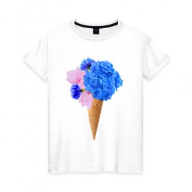 Женская футболка хлопок с принтом Мороженое букет в Новосибирске, 100% хлопок | прямой крой, круглый вырез горловины, длина до линии бедер, слегка спущенное плечо | Тематика изображения на принте: flowers | василек | вафля | гортензия | магнолия | рожок | розовый | синий | цветы