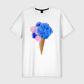 Мужская футболка премиум с принтом Мороженое букет в Новосибирске, 92% хлопок, 8% лайкра | приталенный силуэт, круглый вырез ворота, длина до линии бедра, короткий рукав | Тематика изображения на принте: flowers | василек | вафля | гортензия | магнолия | рожок | розовый | синий | цветы