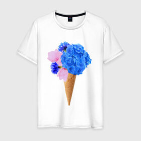 Мужская футболка хлопок с принтом Мороженое букет в Новосибирске, 100% хлопок | прямой крой, круглый вырез горловины, длина до линии бедер, слегка спущенное плечо. | Тематика изображения на принте: flowers | василек | вафля | гортензия | магнолия | рожок | розовый | синий | цветы