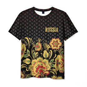 Мужская футболка 3D с принтом Россия в Новосибирске, 100% полиэфир | прямой крой, круглый вырез горловины, длина до линии бедер | роспись | россия | хохлома | цветы | я русский
