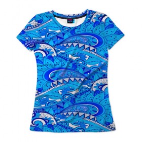 Женская футболка 3D с принтом Floral pattern в Новосибирске, 100% полиэфир ( синтетическое хлопкоподобное полотно) | прямой крой, круглый вырез горловины, длина до линии бедер | 3d | абстракция | арт | волны | синий | узор | цветы