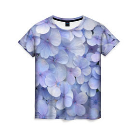 Женская футболка 3D с принтом Гортензия голубая в Новосибирске, 100% полиэфир ( синтетическое хлопкоподобное полотно) | прямой крой, круглый вырез горловины, длина до линии бедер | hydrangea | лето | нежность | незабудка | цветы