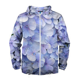 Мужская ветровка 3D с принтом Гортензия голубая в Новосибирске, 100% полиэстер | подол и капюшон оформлены резинкой с фиксаторами, два кармана без застежек по бокам, один потайной карман на груди | hydrangea | лето | нежность | незабудка | цветы