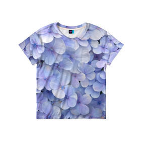 Детская футболка 3D с принтом Гортензия голубая в Новосибирске, 100% гипоаллергенный полиэфир | прямой крой, круглый вырез горловины, длина до линии бедер, чуть спущенное плечо, ткань немного тянется | hydrangea | лето | нежность | незабудка | цветы