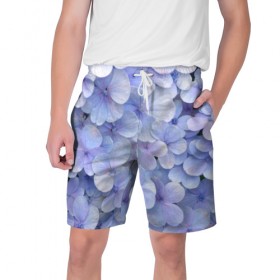 Мужские шорты 3D с принтом Гортензия голубая в Новосибирске,  полиэстер 100% | прямой крой, два кармана без застежек по бокам. Мягкая трикотажная резинка на поясе, внутри которой широкие завязки. Длина чуть выше колен | hydrangea | лето | нежность | незабудка | цветы