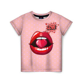 Детская футболка 3D с принтом Lips в Новосибирске, 100% гипоаллергенный полиэфир | прямой крой, круглый вырез горловины, длина до линии бедер, чуть спущенное плечо, ткань немного тянется | 3d | love | pop art | арт | губы | девушкам | любовь | поп арт | поцелуй | розовый | сердечки