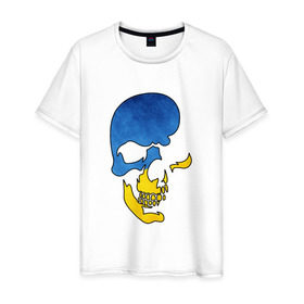 Мужская футболка хлопок с принтом Сине-желтый череп в Новосибирске, 100% хлопок | прямой крой, круглый вырез горловины, длина до линии бедер, слегка спущенное плечо. | желтый | злой | зубы | кости | символ | синий | скелет | улыбка | череп
