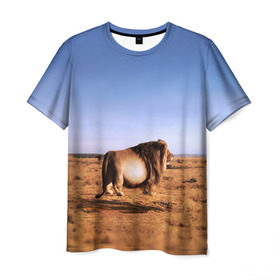Мужская футболка 3D с принтом Толстый лев в Новосибирске, 100% полиэфир | прямой крой, круглый вырез горловины, длина до линии бедер | Тематика изображения на принте: африка | грива | животное | жирный | зверь | король | лев | львица | обжора | ожиревший | оскал | песок | прайд | прикол | природа | рёв | рык | рычание | сафари | сильный | хищник | царь | царь зверей