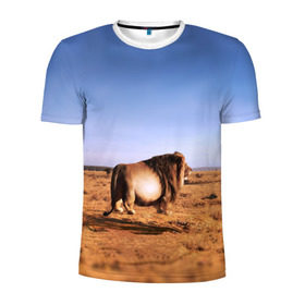Мужская футболка 3D спортивная с принтом Толстый лев в Новосибирске, 100% полиэстер с улучшенными характеристиками | приталенный силуэт, круглая горловина, широкие плечи, сужается к линии бедра | африка | грива | животное | жирный | зверь | король | лев | львица | обжора | ожиревший | оскал | песок | прайд | прикол | природа | рёв | рык | рычание | сафари | сильный | хищник | царь | царь зверей