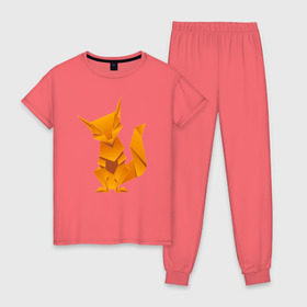 Женская пижама хлопок с принтом Origami в Новосибирске, 100% хлопок | брюки и футболка прямого кроя, без карманов, на брюках мягкая резинка на поясе и по низу штанин | арт | животное | лиса | оригами