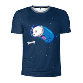 Мужская футболка 3D спортивная с принтом Собачка в космосе в Новосибирске, 100% полиэстер с улучшенными характеристиками | приталенный силуэт, круглая горловина, широкие плечи, сужается к линии бедра | Тематика изображения на принте: звёзды | космонавт | космос | косточка | скафандр | собачка