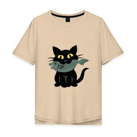 Мужская футболка хлопок Oversize с принтом Котик с рыбкой в Новосибирске, 100% хлопок | свободный крой, круглый ворот, “спинка” длиннее передней части | black cat | cat | cats | cool | fish | nice | sweet | кот | кот и рыба | котик | котик с рыбкой | кошка | мило | милый | рыба | рыбка | черный
