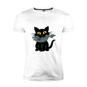 Мужская футболка премиум с принтом Котик с рыбкой в Новосибирске, 92% хлопок, 8% лайкра | приталенный силуэт, круглый вырез ворота, длина до линии бедра, короткий рукав | black cat | cat | cats | cool | fish | nice | sweet | кот | кот и рыба | котик | котик с рыбкой | кошка | мило | милый | рыба | рыбка | черный