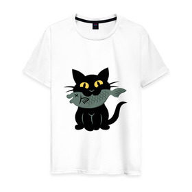Мужская футболка хлопок с принтом Котик с рыбкой в Новосибирске, 100% хлопок | прямой крой, круглый вырез горловины, длина до линии бедер, слегка спущенное плечо. | black cat | cat | cats | cool | fish | nice | sweet | кот | кот и рыба | котик | котик с рыбкой | кошка | мило | милый | рыба | рыбка | черный