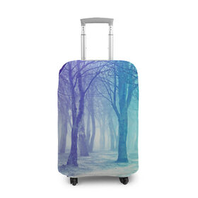 Чехол для чемодана 3D с принтом Мрачный лес в Новосибирске, 86% полиэфир, 14% спандекс | двустороннее нанесение принта, прорези для ручек и колес | Тематика изображения на принте: вечер | деревья | загадочный | зеленый | земля | зима | лес | необычный | природа | свет | свечение | сибирь | снег | тайга | фиолетовый | яркий
