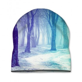 Шапка 3D с принтом Мрачный лес в Новосибирске, 100% полиэстер | универсальный размер, печать по всей поверхности изделия | вечер | деревья | загадочный | зеленый | земля | зима | лес | необычный | природа | свет | свечение | сибирь | снег | тайга | фиолетовый | яркий