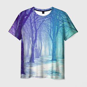 Мужская футболка 3D с принтом Мрачный лес в Новосибирске, 100% полиэфир | прямой крой, круглый вырез горловины, длина до линии бедер | Тематика изображения на принте: вечер | деревья | загадочный | зеленый | земля | зима | лес | необычный | природа | свет | свечение | сибирь | снег | тайга | фиолетовый | яркий