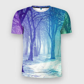 Мужская футболка 3D спортивная с принтом Мрачный лес в Новосибирске, 100% полиэстер с улучшенными характеристиками | приталенный силуэт, круглая горловина, широкие плечи, сужается к линии бедра | Тематика изображения на принте: вечер | деревья | загадочный | зеленый | земля | зима | лес | необычный | природа | свет | свечение | сибирь | снег | тайга | фиолетовый | яркий