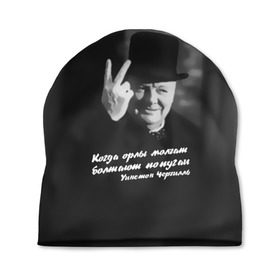 Шапка 3D с принтом Цитата Уинстона Черчилля в Новосибирске, 100% полиэстер | универсальный размер, печать по всей поверхности изделия | англия | болтают попугаи | в шляпе | жест | когда орлы молчат | президент | уинстон | цитата | черчилль
