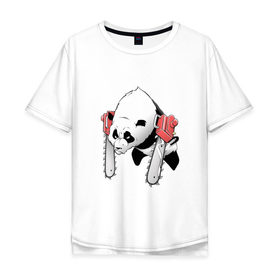 Мужская футболка хлопок Oversize с принтом Панда - руки бензопилы в Новосибирске, 100% хлопок | свободный крой, круглый ворот, “спинка” длиннее передней части | бамбук | бамбуковый медведь | бензопила | животное | злость | красная книга | кунгфу | лапы | мишка | опасный | оскал | панда | пила | прикольный | тростник | эвкалипт | япония | ярость