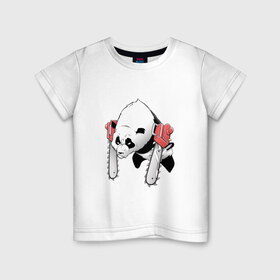 Детская футболка хлопок с принтом Панда - руки бензопилы в Новосибирске, 100% хлопок | круглый вырез горловины, полуприлегающий силуэт, длина до линии бедер | бамбук | бамбуковый медведь | бензопила | животное | злость | красная книга | кунгфу | лапы | мишка | опасный | оскал | панда | пила | прикольный | тростник | эвкалипт | япония | ярость