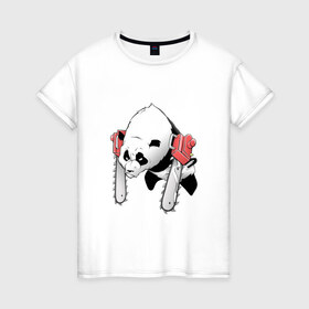 Женская футболка хлопок с принтом Панда - руки бензопилы в Новосибирске, 100% хлопок | прямой крой, круглый вырез горловины, длина до линии бедер, слегка спущенное плечо | бамбук | бамбуковый медведь | бензопила | животное | злость | красная книга | кунгфу | лапы | мишка | опасный | оскал | панда | пила | прикольный | тростник | эвкалипт | япония | ярость