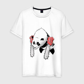 Мужская футболка хлопок с принтом Панда - руки бензопилы в Новосибирске, 100% хлопок | прямой крой, круглый вырез горловины, длина до линии бедер, слегка спущенное плечо. | бамбук | бамбуковый медведь | бензопила | животное | злость | красная книга | кунгфу | лапы | мишка | опасный | оскал | панда | пила | прикольный | тростник | эвкалипт | япония | ярость