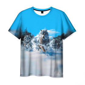 Мужская футболка 3D с принтом Волчья охота в Новосибирске, 100% полиэфир | прямой крой, круглый вырез горловины, длина до линии бедер | Тематика изображения на принте: бирюк | волк | волчара | волчица | волчок | глаза | животное | животные | зверь | зима | злость | картина | койот | рисунок | санитар леса | серый | снег | стая | три | хищник | цветной | шакал
