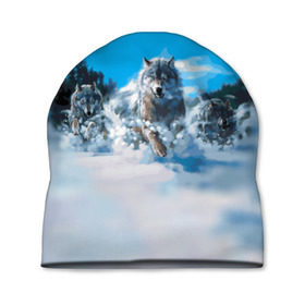 Шапка 3D с принтом Волчья охота в Новосибирске, 100% полиэстер | универсальный размер, печать по всей поверхности изделия | бирюк | волк | волчара | волчица | волчок | глаза | животное | животные | зверь | зима | злость | картина | койот | рисунок | санитар леса | серый | снег | стая | три | хищник | цветной | шакал