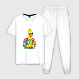 Мужская пижама хлопок с принтом Homer в Новосибирске, 100% хлопок | брюки и футболка прямого кроя, без карманов, на брюках мягкая резинка на поясе и по низу штанин
 | bart | homer | simpsons | барт | гомер | еда | мультфильм | отец | папа | пончик | радуга | симпсоны | спрингфилд | хиппи | цвет