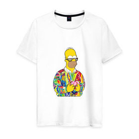 Мужская футболка хлопок с принтом Homer в Новосибирске, 100% хлопок | прямой крой, круглый вырез горловины, длина до линии бедер, слегка спущенное плечо. | bart | homer | simpsons | барт | гомер | еда | мультфильм | отец | папа | пончик | радуга | симпсоны | спрингфилд | хиппи | цвет