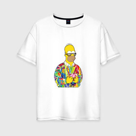Женская футболка хлопок Oversize с принтом Homer в Новосибирске, 100% хлопок | свободный крой, круглый ворот, спущенный рукав, длина до линии бедер
 | bart | homer | simpsons | барт | гомер | еда | мультфильм | отец | папа | пончик | радуга | симпсоны | спрингфилд | хиппи | цвет