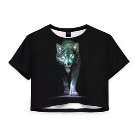 Женская футболка 3D укороченная с принтом Волчий оскал в Новосибирске, 100% полиэстер | круглая горловина, длина футболки до линии талии, рукава с отворотами | аука | бирюк | волк | волчара | волчица | волчок | глаза | животное | животные | зверь | зеленые | злость | картина | койот | млекопитающее | рисунок | санитар леса | серый | хищник | цветной | шакал