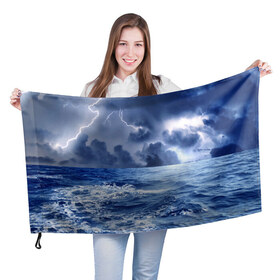 Флаг 3D с принтом Шторм в Новосибирске, 100% полиэстер | плотность ткани — 95 г/м2, размер — 67 х 109 см. Принт наносится с одной стороны | брызги | буря | вода | волны | гроза | капли | красивое | молния | море | непогода | океан | природа | синее | стихия | тучи