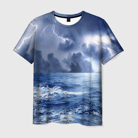 Мужская футболка 3D с принтом Шторм в Новосибирске, 100% полиэфир | прямой крой, круглый вырез горловины, длина до линии бедер | Тематика изображения на принте: брызги | буря | вода | волны | гроза | капли | красивое | молния | море | непогода | океан | природа | синее | стихия | тучи