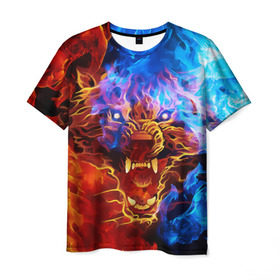 Мужская футболка 3D с принтом Огненный оскал в Новосибирске, 100% полиэфир | прямой крой, круглый вырез горловины, длина до линии бедер | аука | бирюк | волк | волчара | волчица | животное | животные | зверь | злой | злость | зубы | койот | красное | огонь | опасный | оскал | пасть | пламя | пожар | серый | синее | хищник | черный | шакал