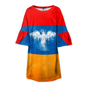 Детское платье 3D с принтом Флаг Армении с белым орлом в Новосибирске, 100% полиэстер | прямой силуэт, чуть расширенный к низу. Круглая горловина, на рукавах — воланы | Тематика изображения на принте: айастан | армения | белый | босеан | брызги | ереван | знамя | империя | клякса | крылья | кумач | необычный | орел | пойс | птица | символ | сокол | стяг | флаг | хайастан | штандарт