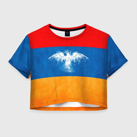 Женская футболка 3D укороченная с принтом Флаг Армении с белым орлом в Новосибирске, 100% полиэстер | круглая горловина, длина футболки до линии талии, рукава с отворотами | айастан | армения | белый | босеан | брызги | ереван | знамя | империя | клякса | крылья | кумач | необычный | орел | пойс | птица | символ | сокол | стяг | флаг | хайастан | штандарт