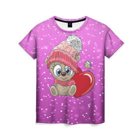 Женская футболка 3D с принтом Teddy baby в Новосибирске, 100% полиэфир ( синтетическое хлопкоподобное полотно) | прямой крой, круглый вырез горловины, длина до линии бедер | 3d | арт | блеск | зима | квадратики | кубики | медведь | милые | плюшевый | сердечки | тедди | текстура