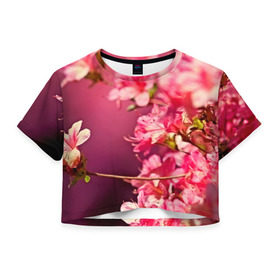 Женская футболка 3D укороченная с принтом Сакура в Новосибирске, 100% полиэстер | круглая горловина, длина футболки до линии талии, рукава с отворотами | 3d | flower | nature | pink | sakura | весна | деревья | природа | розовый | сакура | цветы | япония