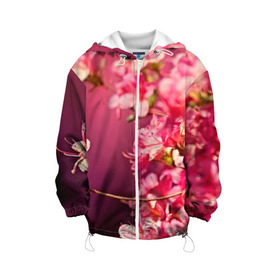 Детская куртка 3D с принтом Сакура в Новосибирске, 100% полиэстер | застежка — молния, подол и капюшон оформлены резинкой с фиксаторами, по бокам — два кармана без застежек, один потайной карман на груди, плотность верхнего слоя — 90 г/м2; плотность флисового подклада — 260 г/м2 | Тематика изображения на принте: 3d | flower | nature | pink | sakura | весна | деревья | природа | розовый | сакура | цветы | япония