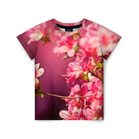 Детская футболка 3D с принтом Сакура в Новосибирске, 100% гипоаллергенный полиэфир | прямой крой, круглый вырез горловины, длина до линии бедер, чуть спущенное плечо, ткань немного тянется | 3d | flower | nature | pink | sakura | весна | деревья | природа | розовый | сакура | цветы | япония